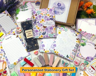 Custom Pretty Stationery Gift Set: Purple Hibiscus Floral Theme, Personalized Reader Surprise Gift Box
