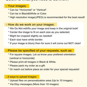May include: An informational document with black text on a light yellow background titled Dear Customers, Thank you for your order! Below is what you need to do/know: detailing instructions for image uploads, formatting, and order requests for Unique Arts Gallery US Team.