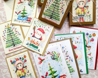 Christmas Card with envelopes, Handmade Holiday Card Set, Watercolor NoteCards, Christmas Blank Cards, Holiday Greeting Cards, Creative Card