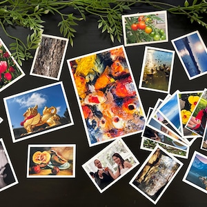 May include: A collection of various rectangular photographic prints scattered across a surface, featuring diverse subjects including vibrant koi fish, a golden statue, landscapes, floral scenes, and portraits, all arranged around a central koi image.