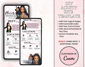 May include: A pink and white mobile phone screen mockup with the text "Hair Boss Queen" and "Meet Your Stylist". The screen also includes a location and shop policies section. The phone is surrounded by pink and white confetti. The text "DIY Acuity Site Template" is in red and black text. The text "Customize in Canva" is in white text on a pink starburst.