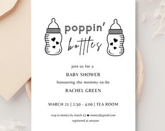 Poppin' Bottles Black and White Baby Shower Invitation, Gender Neutral, 5" x 7" Canva template