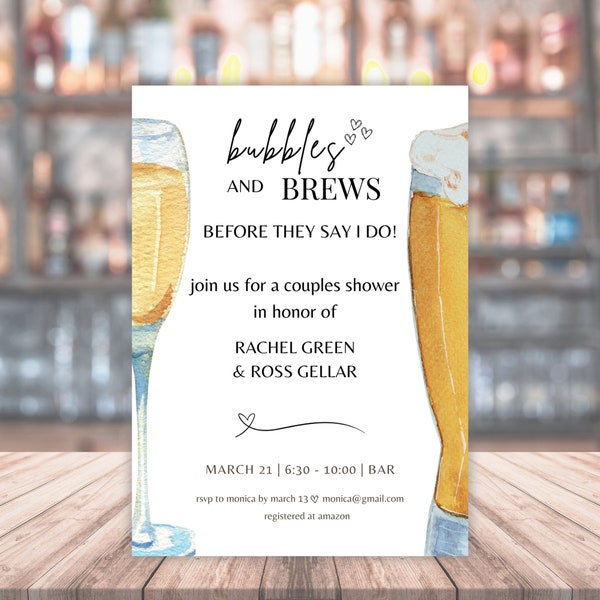 Editable Bubbles and Brews Shower Invitation, Wedding Engagement Party, Couples Shower, Canva Template