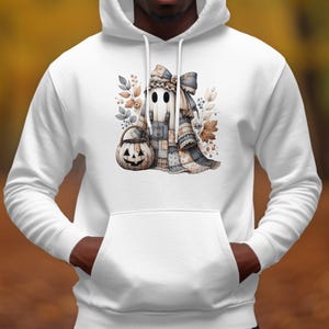 Autumn Ghost Pumpkin Hoodie, Spooky Fall Leaves Graphic Sweatshirt, Unisex Cozy Halloween Apparel