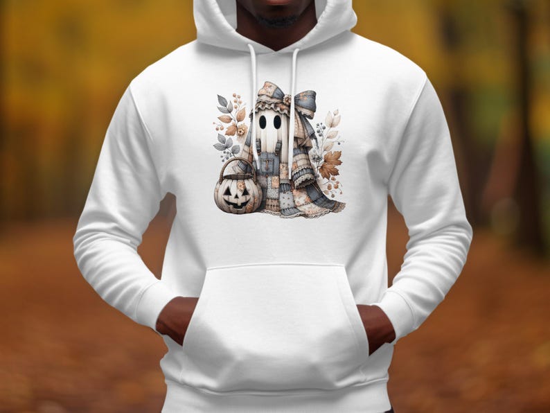 Autumn Ghost Pumpkin Hoodie, Spooky Fall Leaves Graphic Sweatshirt, Unisex Cozy Halloween Apparel
