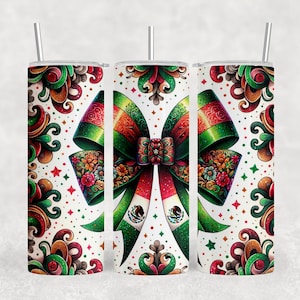 Latino Sublimation Tumbler Design, Mexican Flag Coquette Bow 20oz Tumbler Wrap PNG, Mexican Flag Art Latino PNG, Skinny Tumbler Download