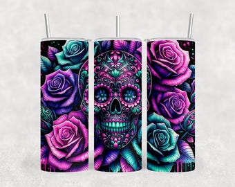 Sugar Skull Tumbler Wrap: Floral Glitter Design (20oz Sublimation)