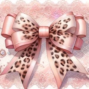 May include: A large, decorative bow with a pink satin finish and a leopard print pattern. The bow is centered, with multiple loops and tails. The background features lace and iridescent embellishments, creating a feminine and elegant aesthetic.