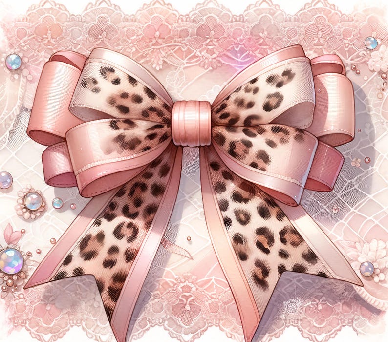 May include: A large, decorative bow with a pink satin finish and a leopard print pattern. The bow is centered, with multiple loops and tails. The background features lace and iridescent embellishments, creating a feminine and elegant aesthetic.