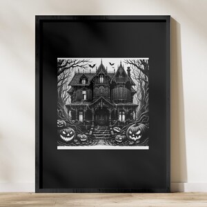 May include: Framed black and white print featuring a haunted house illustration, complete with jack-o'-lanterns and bats. The gothic mansion is set amongst bare trees, evoking a Halloween atmosphere. The artwork is presented within a black frame.