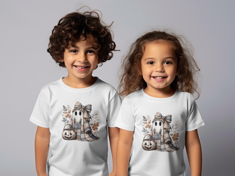 Cute Kids Halloween Ghost T-shirt, Cartoon Spooky Tee, Toddler Boys Girls Fall Apparel, Twin Outfit Idea, Casual Children's Clothing