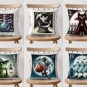 May include: Set of six Halloween-themed throw pillows. Each pillow features a unique design resembling a postage stamp. Designs include a potion bottle, a snow globe with a ghost, a black cat, a frog, a skeleton with a pumpkin, and three ghosts.