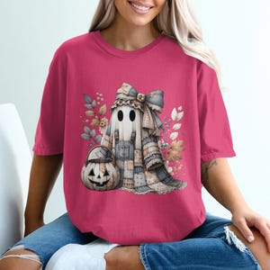 Women's Halloween T-Shirt, Cute Ghost with Pumpkin Design, Casual Fall Fashion, Autumn Graphic Tee