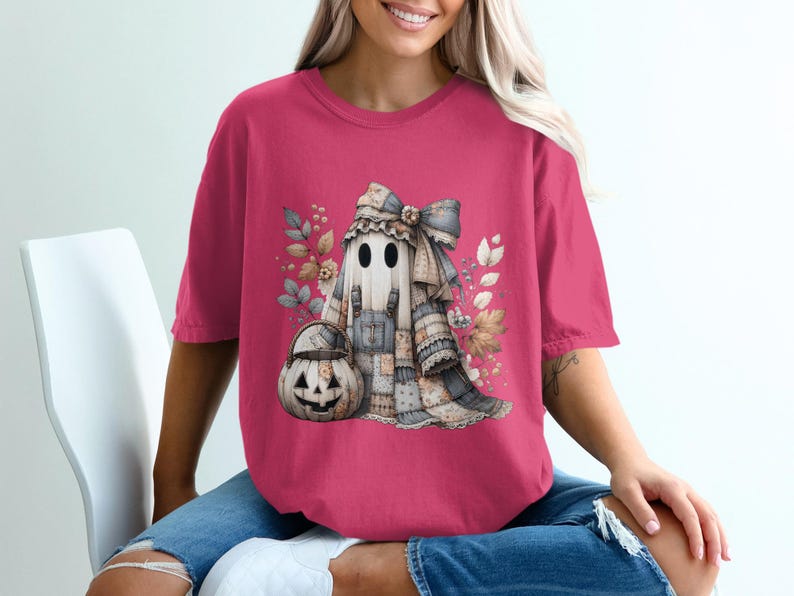 Women's Halloween T-Shirt, Cute Ghost with Pumpkin Design, Casual Fall Fashion, Autumn Graphic Tee