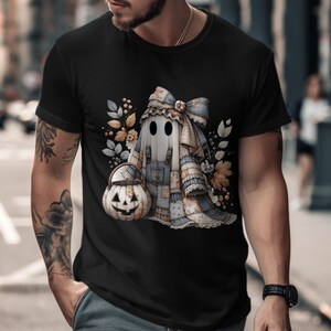 Autumn Ghost T-Shirt, Cute Fall Spirit Graphic Tee, Pumpkin and Leaves Design, Unisex Halloween Shirt