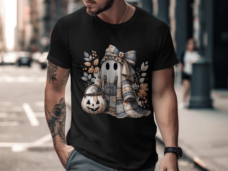 Autumn Ghost T-Shirt, Cute Fall Spirit Graphic Tee, Pumpkin and Leaves Design, Unisex Halloween Shirt