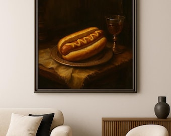 Baroque Hot Dog Oil Painting: Whimsical Kitchen Art (Digital Download)