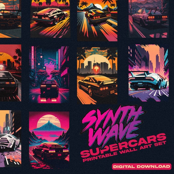 Synthwave Cars Poster Set | 10 Printable Outrun Wall Art | CYBERPUNK DIGITAL DOWNLOAD | 80s Supercar Prints | Instant Download