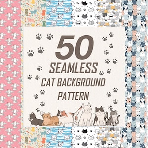 Cat Digital Papers | Set Of 50 Seamless Kitty Patterns | Printable Digital Papers | PNG Bundle