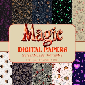 Puede incluir: Un conjunto de 25 papeles digitales con una variedad de diseños mágicos y místicos. Los papeles incluyen patrones de lunas, estrellas, cristales, manos, calaveras y más. Los papeles son perfectos para crear proyectos digitales, como scrapbooking, creación de tarjetas e invitaciones.