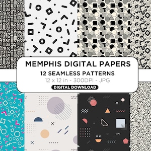 Op de afbeelding: Een set van 12 digitale papierpatronen in Memphis-stijl met geometrische vormen, lijnen en stippen in zwart, wit, grijs, roze, blauw en oranje. De patronen zijn 30,48 cm bij 30,48 cm en 300 DPI.