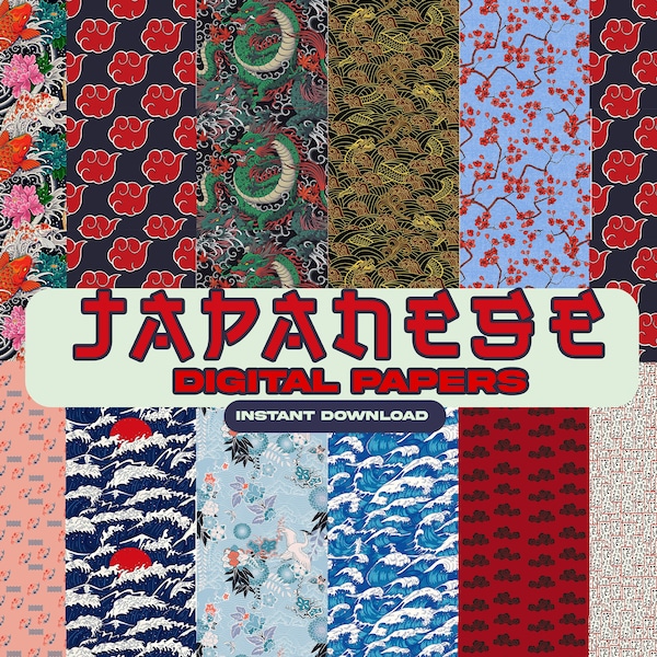 Japanese Seamless Pattern Bundle / 15 Japanese Digital Papers / Digital Prints / Instant Download / Repeating Background