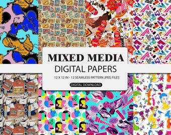 Mixed Media Digital Papers | 12 Seamless Patterns | Retro Repeating Background Set | Digital Download