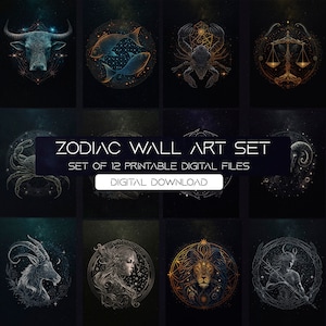 Zodiac Wall Art Set, 12 Printable Astrology Artworks | Printable Zodiac Sign Posters | DIGITAL DOWNLOAD