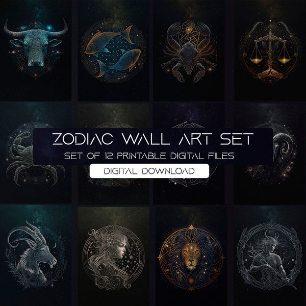 Zodiac Wall Art Set, 12 Printable Astrology Artworks | Printable Zodiac Sign Posters | DIGITAL DOWNLOAD