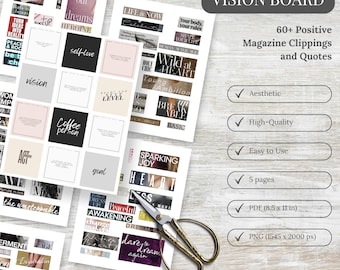 Tableros de visión: recortes de revistas imprimibles, palabras de revistas, ley de la atracción, afirmaciones para manifestar, tablero de estado de ánimo, kit de manifestación