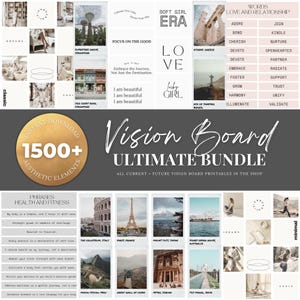Paquete imprimible de tablero de visión 2025 con palabras, citas, imágenes, marcos, fondos, íconos, cheques de abundancia, collage de pared de tablero de visión