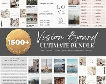 Paquete imprimible de tablero de visión 2026 con palabras, citas, imágenes, marcos, fondos, íconos, cheques de abundancia, collage de pared de tablero de visión