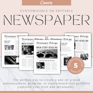 Può includere: Cinque modelli di giornale personalizzabili per creare annunci, programmi o bacheche di visione. I modelli presentano un design in bianco e nero con un titolo principale e un sottotitolo.