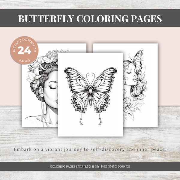 24 Butterfly Coloring Pages, Simple Coloring Book, Printable Coloring Pages For Kids and Adults, Instant Download, Printable PDF File