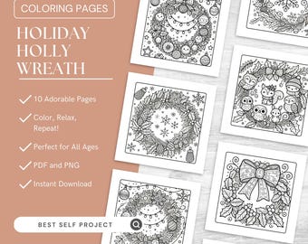 Páginas para colorear de coronas navideñas para relajarse, libro para colorear, páginas para colorear imprimibles para niños y adultos, páginas de actividades, descarga digital