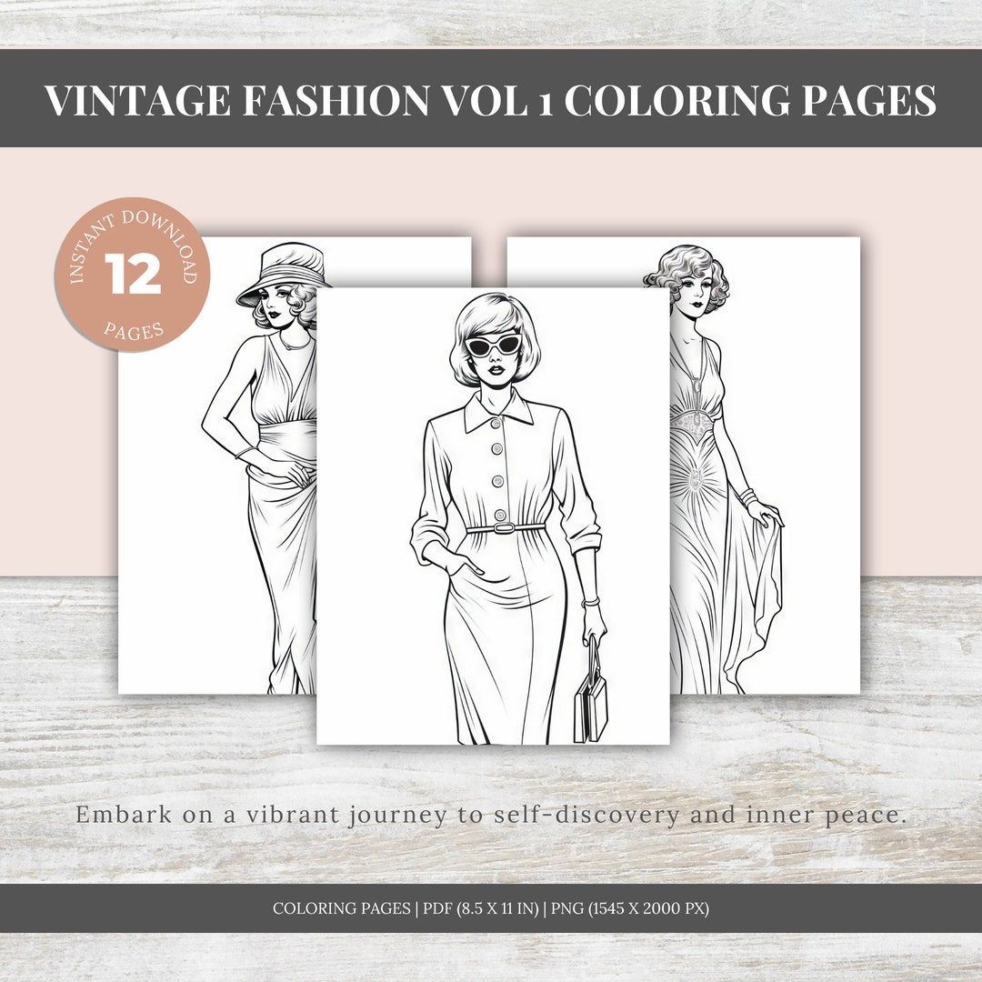 Vintage Fashion Coloring Pages for Relaxing, Coloring Book, Printable ...