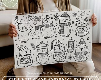 Página gigante para colorear de Navidad, póster navideño para colorear, página grande para colorear, páginas para colorear imprimibles para niños y adultos, páginas de actividades