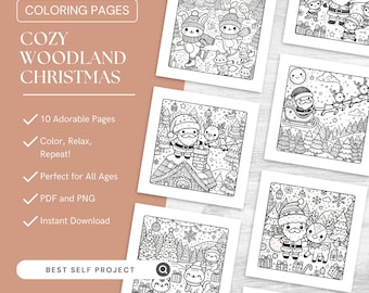 Páginas para colorear de bosques navideños para relajarse, libro para colorear, páginas para colorear imprimibles para niños y adultos, página de actividades, descarga digital