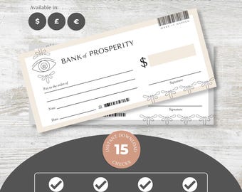 Cheque en blanco, plantilla de cheque en blanco, cheque imprimible, plantilla de cheque bancario, cheques de manifestación, kit de tablero de visión 2026, descarga instantánea