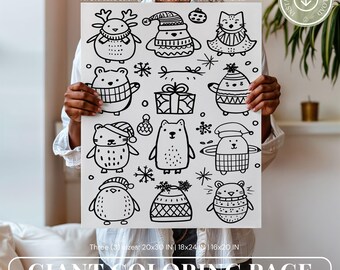 Página gigante para colorear de Navidad, póster navideño para colorear, página grande para colorear, páginas para colorear imprimibles para niños y adultos, páginas de actividades