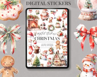 Libro de calcomanías digitales navideñas, calcomanías estéticas para planificadores diarios o planificadores de cuidado personal, calcomanías Goodnotes Notability PNG precortadas