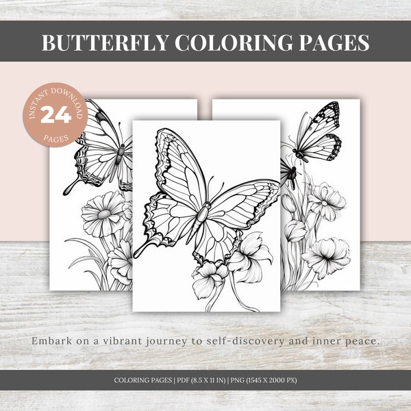24 Butterfly Coloring Pages, Simple Coloring Book, Printable Coloring Pages For Kids and Adults, Instant Download, Printable PDF File