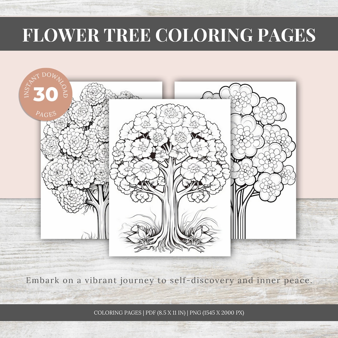 Flower Trees Coloring Pages, Simple Coloring Book, Printable Coloring ...