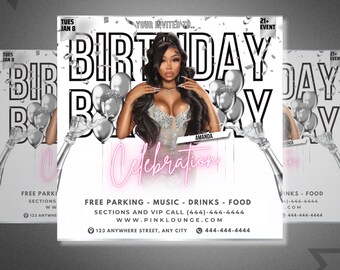 May include: A birthday party invitation with a silver and white color scheme. The invitation features a woman in a silver dress and a pink neon sign that says "Celebration". The text on the invitation says "Your Invited To... Birthday Celebration" and includes the date, time, and location of the event.