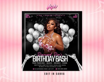Glam Black Birthday Bash Flyer, Bearbeitbar auf Canva, Party Einladung, Bday Mädchen lädt ein, Diamanten, Event Flyer, Lounge, Club Party Flyer