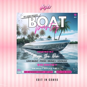 Boat Party Flyer, Boat Yacht Invitation, Editable Template, Canva Invite, Boat Party Invitation, Silver