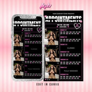 May include: A black and pink appointment booking flyer with a photo of a woman in a black and brown outfit. The flyer lists available appointment times for July 7th through July 13th. The text "YOUR COMPANY NAME PRESENTS" and "APPOINTMENTS" is in a pink font. The text "AVAILABLE BOOK NOW!" is in a white font. The text "$25" is in a pink heart shape.