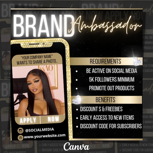 DIY Brand Ambassador Flyer | Social Media Instagram Beauty Branding Boutiques Nails Hair Salon Lashes MUA Sale Canva Editable Flyer, Gold
