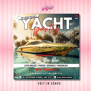 Yacht party Flyer, Boat Yacht Invitation, Editable Template, boat Party Invitation yacht birthday party Social Media Flyer DIY, Gold