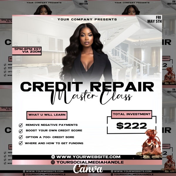Credit Repair Masterclass DIY Flyer, Rose Gold White and Black Credit Course Flyer Template, Financial Template, Canva Template, Editable
